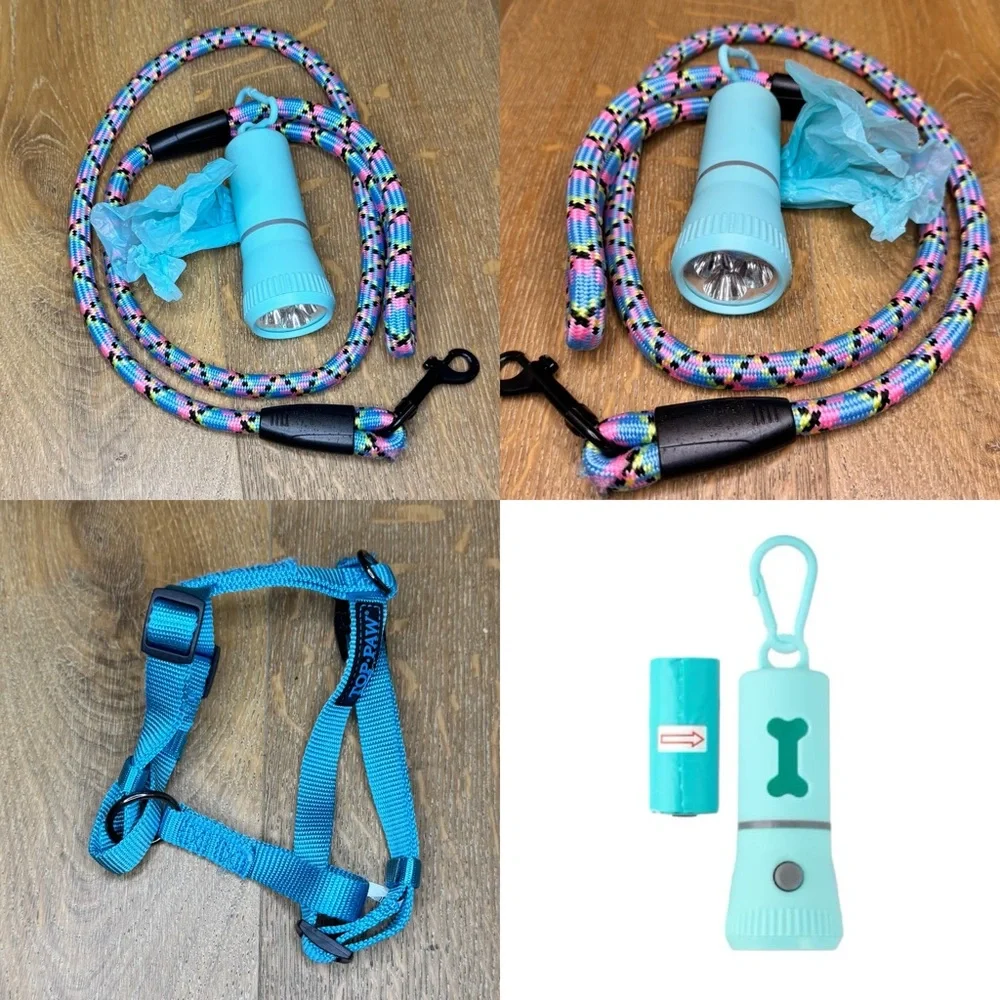Cat Dog Puppy Walk Set Kit harness Leash Bag Holder Flashlight 80s Style Retro